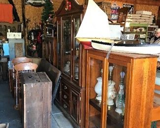 Lots of Wood Cabinets, model boats, wood trunks, Lamps & more!!