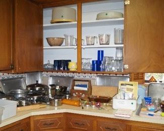 waterless cookware, electric skillet, Pampered Chef, glasses, Tupperware, utensils, rolling pins