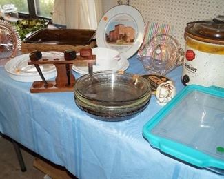 depression glass, pie plates,  pipes, pipe stand