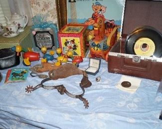 vintage toys, tea set, Kelly bros. spurs, records, 