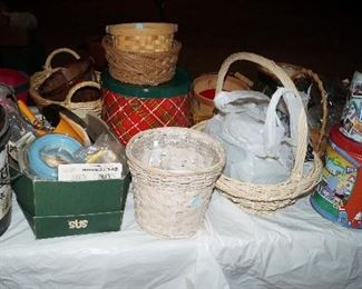 baskets, paint supplies, tins