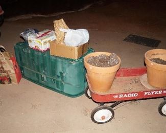wagon, flower pots, canning jars