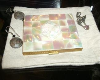 VINTAGE MOTHER OF PEARL & BRASS COMPACT