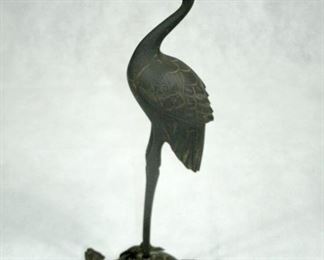 ANTIQUE BRONZE CRANE STANDING ON TURTLE