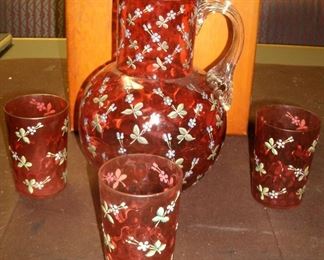 CRANBERRY DEPRESSION PITCHER GLASS SET WITH HAND PAINTED ENAMEL FLOWERS