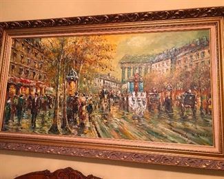 Large Xavier Rabous Oil on Canvas European Street Scene minus the guillotines