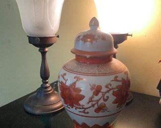 two tulip lamps and ceramic urn not containing the ashes of a beloved cat