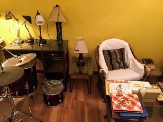 Chairs, cookbooks, lamps, drum set