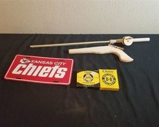KC Chiefs License Plate, Wooden Rubber Band Gun and Fishing Pole, Daisy BB's 2 Boxes