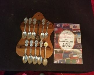 Collector Spoons, Wood Spoon Hanger and Book