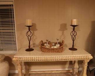 Wood and Solid Marble Top Console Table + Iron Candlesticks (sold separately)