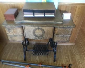 Oak Sewing Machine Cabinet with Sewing Machine
