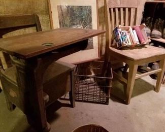 oak school chair/desk with drawer; 1950s metal milk crates