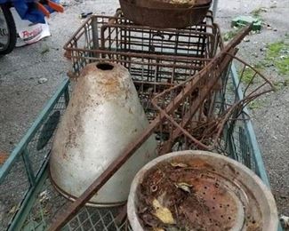 Barn Finds!! baskets, crates, insulated glass light fixture, cast iron pans and pots