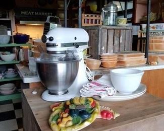kitchen butcher block, like new white Kitchen Aid mixer, chalkware