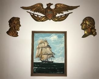 Framed original painting of ship at sea, metal patriotic decor.