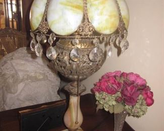 Superb Antique Filigree & Stained Glass Brass with Marble Lamp