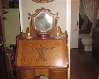 Antique Stunning Tiger Oak Slant Front Desk with Mirror