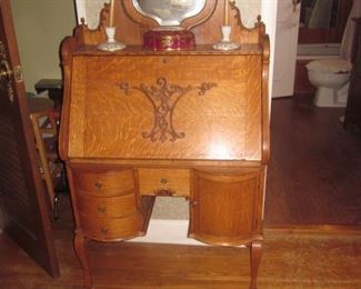 Antique Stunning Tiger Oak Slant Front Desk with Mirror