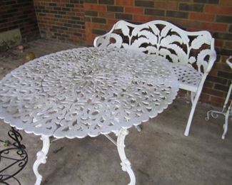 WROUGHT IRON TABLE AND BENCH