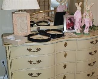 Antiqued Painted French Provençal Bedroom Suite (Dresser with Mirror, Chest of Drawers, Nightstand)