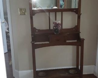 English Oak Art Nouveau Hall Tree with Original Drip Pans