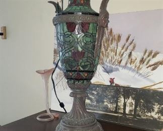 Large Leaded Glass Urn Style Lamp