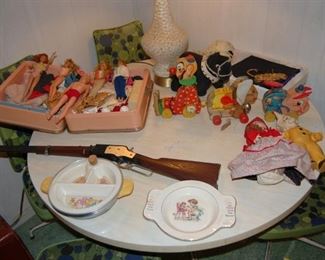Barbies and Winchester cap rifle, Fisher Price vintage toys