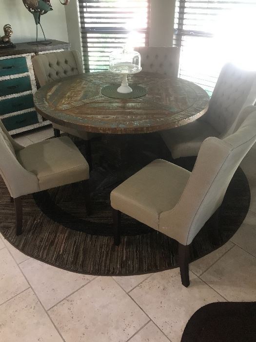 Beautiful large rustic round painted dining table /  set of 6 upholstered chairs 