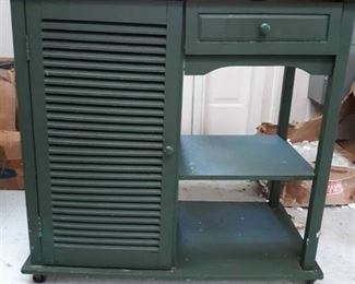 Painted Butcher Block Top Kitchen Island Cabinet and Metal Bakers Rack w/ Drawer