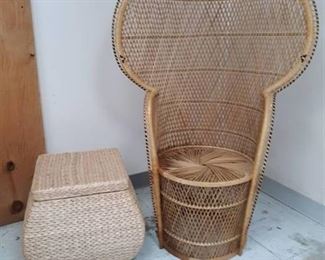 Wicker Patio High Back Chair and Wicker Storage Basket