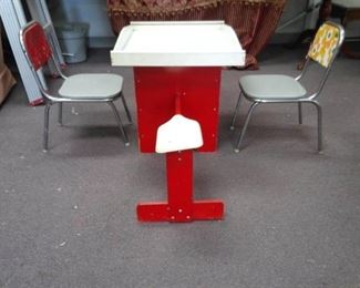 Wood See Saw Play Table and Two Child Size Metal Chairs