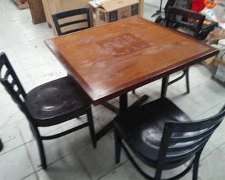 Square Wood Top Table and Four Metal Chairs with Vinyl Seats