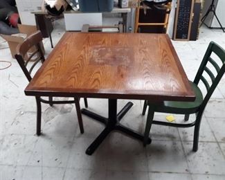 Square Wood Top Table and Four Metal Chairs with Vinyl Seats