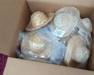 Beanie Babies in Wicker Lidded Basket, Box full of Doll Straw Hats