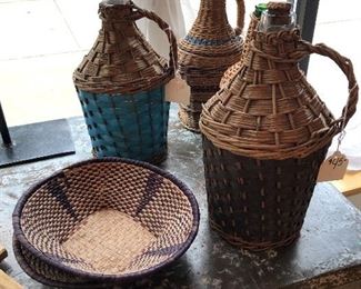 European wicker wine bottles and ethnic baskets