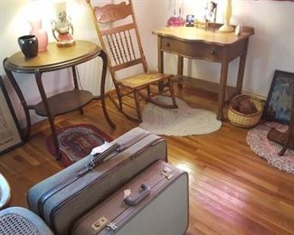 Antique parlor tables, rag rugs