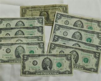 9- 2 Dollar Bills and 1 Silver Certificate