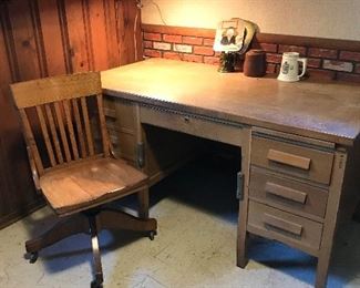 Old oak teachers desk & chair