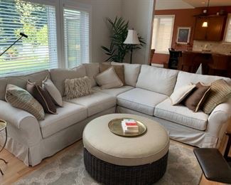 Pottery Barn Comfort Roll Arm Slipcovered 3 Piece L-Shaped Corner Sectional, Linen Oatmeal & Torrey Round Sectional Grand Ottoman -  Espresso!