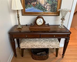 Sofa Table by Pulaski Mfg & Upholstered Bench by TJMaxx! Sessions Vintage Mantle Clock - Eight Day Half Hour Strike Cathedral Gong! Crystal Lamp not available!