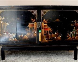 Vintage Black Lacquer Chinoiserie TV/Stereo Console Cabinet