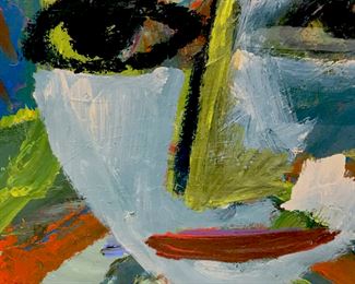 Signed Alexander RUTSCH (Austrian,  1916-1997). Mixed media portrait painting on  Board of actress Anjelica Huston. Signed in  lower left corner. Painting is composed of  various gestural strokes in tones of blue, green, and red. Painting is set behind  plexiglass in gold tone wood frame. Verso has  handwritten title ‘Anjelica Huston by  RUTSCH.’ Measures approx 35.2 inches in  height by 43.2 inches in width with frame. Painting was purchased directly from the  Estate of the artist in Pelham, NY. Signed  original artwork, portrait art, portraiture,  collectible fine art. ‘Alexander Rutsch was born in Russia in 1916 but raised in Belgrade, Yugoslavia. After  studying voice in Austria he became an opera  singer like his parents, but after WWII,  Rutsch's love for visual expression propelled  him to change careers. He was a painter, sculptor, philosopher, musician, singer and  poet.