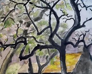 Attributed to Paul-Émile PISSARRO (French,  1884 - 1972) watercolor and graphite artwork.  Signed by artist in pencil in lower left  corner. Artwork depicts blossoming trees and  cottages. Artwork is lined and set behind glass in gold tone wood frame. Measures  approx 17.5 inches in height by 15 inches in  width with frame. Signed original artwork,  landscape art, impressionist art, collectible  fine art. Paul-Émile PISSARRO was born on 22 August  1884 in Eragny, the fifth and youngest son of  Camille Pissarro. Paulémile was very  influenced by Cézanne. He remembered his  father telling him and his brothers repeatedly that ‘If you want to paint, look  at Cézanne’, and he knew Cézanne's work at  first hand from the landscapes and still-life  paintings that hung in the family  dining-room at Eragny. It was during the late  1920's and early 1930's that Paulémile  reached the peak of his artistic development,  arriving at the individual style for which  he is best known.