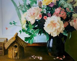 Signed S. LEE in lower right corner,  attributed to Siu Ho Lee (Chinese-American,  1957 - ). Photorealistic Oil Painting on  canvas depicts floral still life with  birdhouse. Canvas is lined and set in two tone gold and black wood frame. Canvas  measures approx 20 inches by 24 inches. Frame  measures approx 23.6 inches in height by  27.5 inches in width. Signed original  artwork, photorealistic painting, collectible  fine art. Property of a Manhattan, NY  Estate. 7 ‘Siu Ho Lee is one of the few talented young  artists to arrive on America's shores as a  result of China's open door policy to the West. Lee's training is formal and his  subjects classical, but in all his work,  there is an overriding atmosphere of the  contemporary, one that makes its presence  known in nuance and mood rather than bold strokes. The artist looks to the West for  inspiration and bases his painting on the  styles established by the Dutch Masters for  his florals and in Traditional Realism for  his interiors 