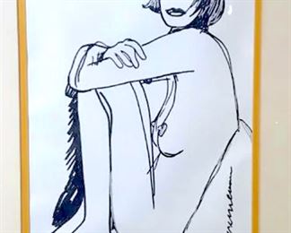 Attributed to Tom WESSELMANN (Amer.,  1931-2004). Signed in lower right corner.  Artwork appears to be black and silver tone  marker on paper, possibly mixed media,  depicting seated nude female figure. Artwork is double matted and set behind glass in wood  frame with gold toned trim. Artwork measures  approx 15 inches in height by 10.25 inches  in width under matting. Frame measures approx  23 inches in height by 18 inches in width with frame. Signed original artwork, signed  nude study, female nude figure study,  WESSELMANN Signed artwork, collectible fine  art. ‘Tom Wesselmann (1931 – 2004) was an American  artist associated with the Pop Art movement  who worked in painting, collage and  sculpture. Tom Wesselmann is considered one  of the major artists of New York Pop Art,  along with Roy Lichtenstein and Andy Warhol. Best known for his 1960s series ‘Great  American Nude,’ which featured flat figures  in an intense palette of red, white, blue,  and other patriotic colors, Wesselmann