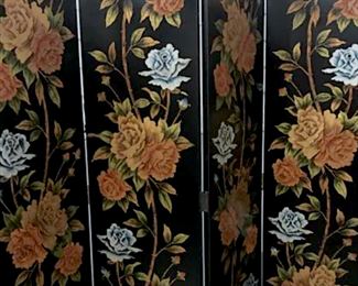 Hand Painted Four Panel Screen W Floral  Design over black toned background, measures  approx 78 inches tall x 73 inches wide