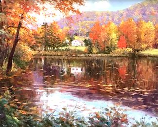Signed Charles ZHAN Oil Painting on canvas  depicting autumn landscape with houses.  Signed in lower right corner. Canvas is lined  and set in gold tone wood frame. Canvas  measures approx 30 inches in height by 40 inches in width. Frame measures approx 37  inches in height by 47 inches in width.