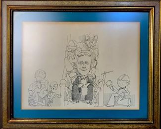 Professionally framed and matted David Levine Caricature Print, Possibly Pen & Ink On slightly textured paper, depicting man in tuxedo sitting on a staircase surrounded by other figures, subject unknown, Signed D. Levine 63, not examined out of frame, some slight discoloration to paper due to age and small nicks to gold toned frame. Vintage Prints. Vintage David Levine Art. David Levine (December 20, 1926 – December 29, 2009)[1] was an American artist and illustrator best known for his caricatures in The New York Review of Books. Jules Feiffer has called him "the greatest caricaturist of the last half of the 20th Century. David Levine Caricatures. David Levine Prints. Vintage David Levine. Measures approx 13.5 x 11 inches