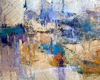 Abstract impasto oil painting on canvas,  Signed illegibly in lower right corner,  possibly reads ‘Alexander Larick.’ Painting  has stylistic craquelure finish. Canvas is  set in silver tone metal frame. Measures approx 26.25 inches in height by 35.25 inches  in width with frame. Signed original  artwork, decorative wall art, abstract art, 7
